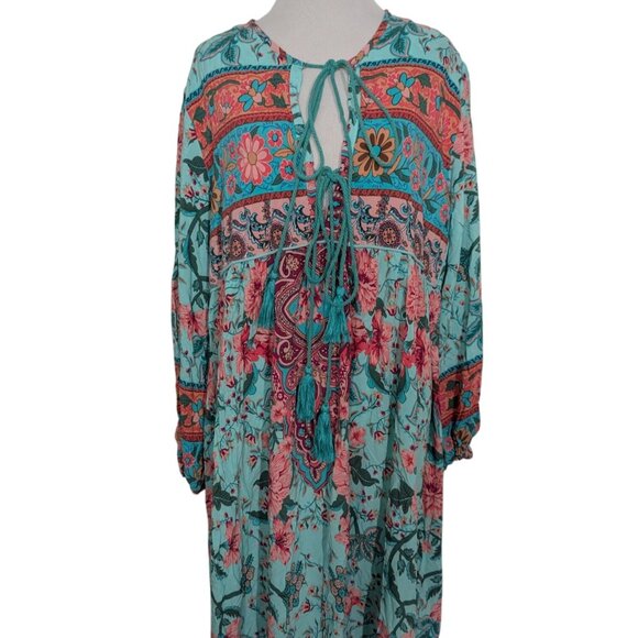 R Vivimos Mixed Floral Midi Dress Womens Size 2XL Blue Tassels Boho V Neck - Picture 2 of 11